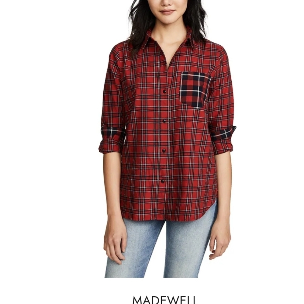 Madewell women's classic ex-boyfriend shirt, red cotton plaid, one pocket, sz S.